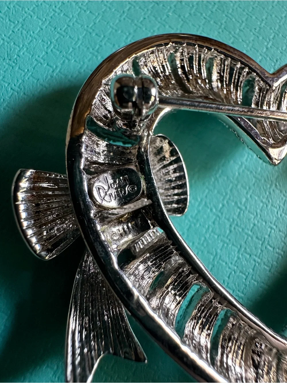 Vintage Joan Rivers Heart Brooch Clear Rhinestone Pink Bow Pin